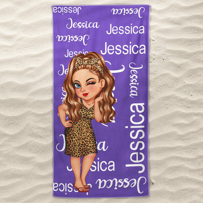 Cartoon Woman Custom Name Traveling Beach Poolside Swimming Picnic - Birthday, Vacation Gift For Her, Besties, Family - Personalized Beach Towel