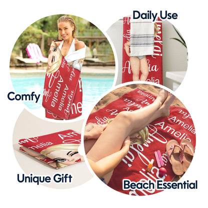 Cartoon Woman Custom Name Traveling Beach Poolside Swimming Picnic - Birthday, Vacation Gift For Her, Besties, Family - Personalized Beach Towel