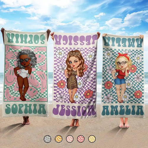 Cartoon Woman Retro Traveling Beach Poolside Swimming Picnic - Birthday, Vacation Gift For Her, Besties, Family - Personalized Beach Towel