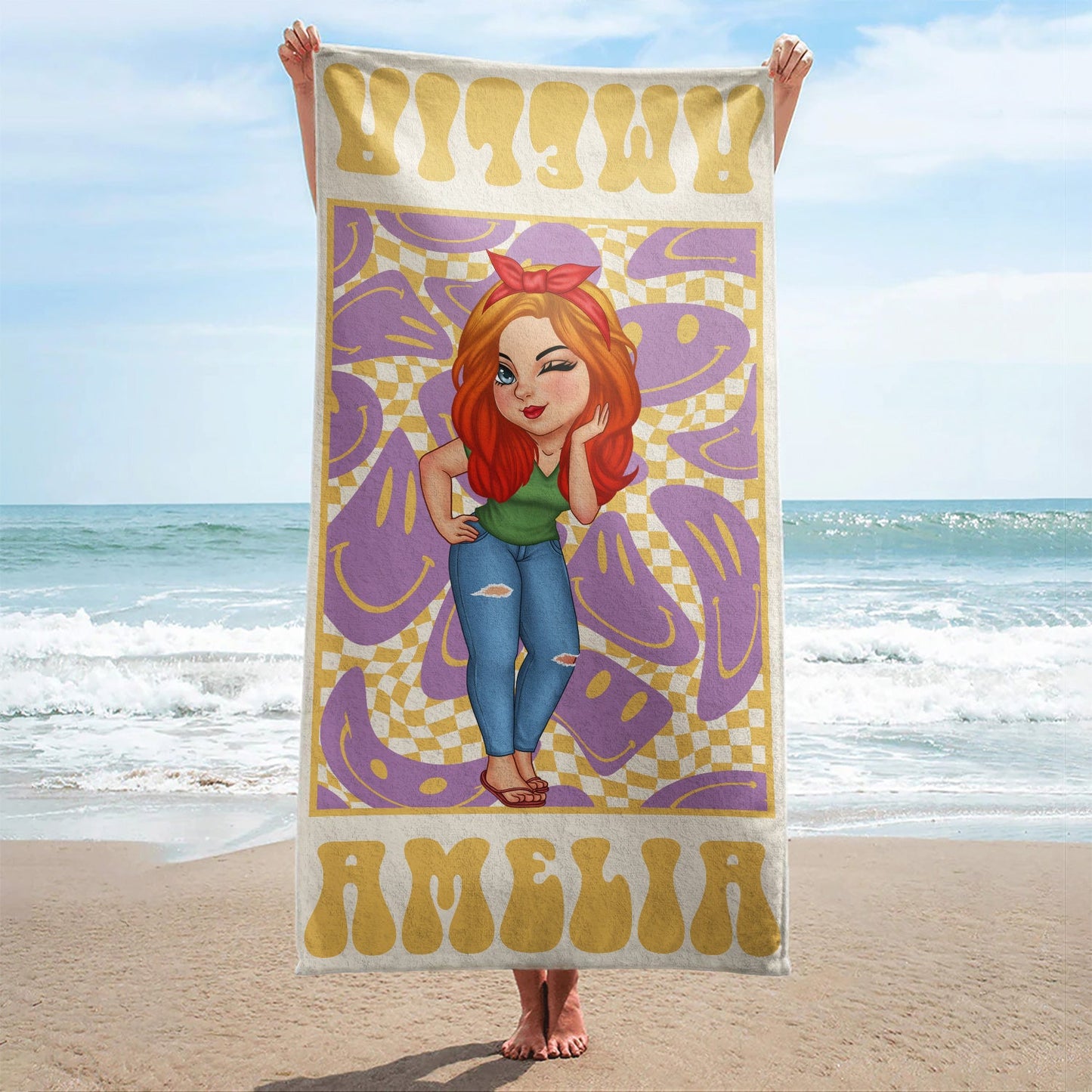 Cartoon Woman Retro Traveling Beach Poolside Swimming Picnic - Birthday, Vacation Gift For Her, Besties, Family - Personalized Beach Towel