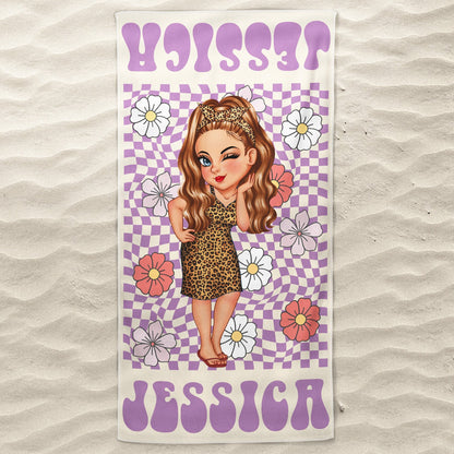 Cartoon Woman Retro Traveling Beach Poolside Swimming Picnic - Birthday, Vacation Gift For Her, Besties, Family - Personalized Beach Towel