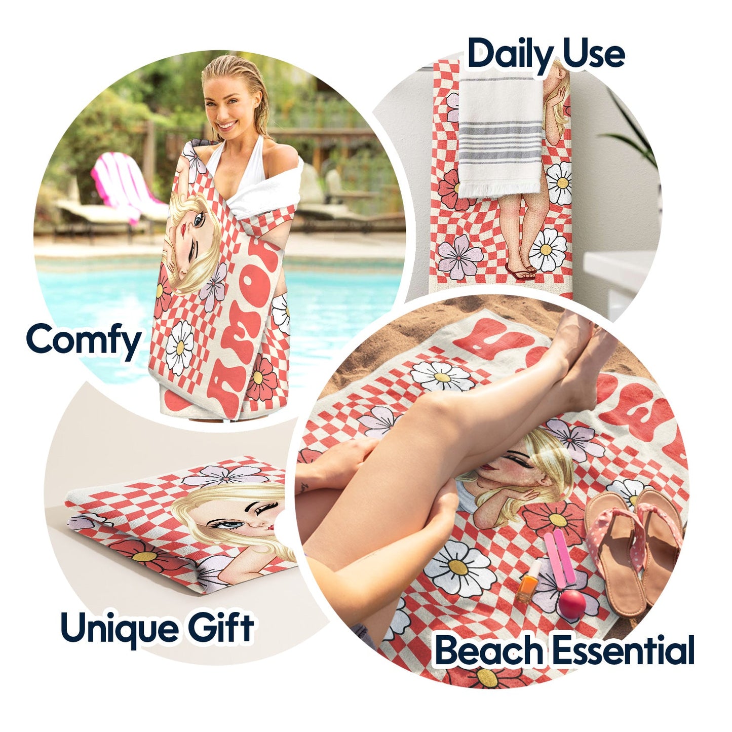 Cartoon Woman Retro Traveling Beach Poolside Swimming Picnic - Birthday, Vacation Gift For Her, Besties, Family - Personalized Beach Towel