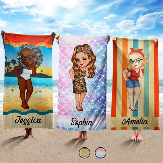 Cartoon Woman Traveling Beach Poolside Swimming Picnic - Birthday, Vacation Gift For Her, Family, Besties - Personalized Beach Towel