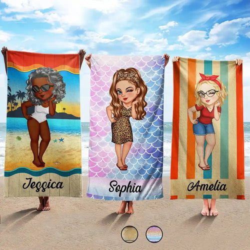 Cartoon Woman Traveling Beach Poolside Swimming Picnic - Birthday, Vacation Gift For Her, Family, Besties - Personalized Beach Towel
