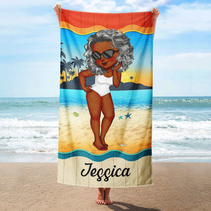 Cartoon Woman Traveling Beach Poolside Swimming Picnic - Birthday, Vacation Gift For Her, Family, Besties - Personalized Beach Towel