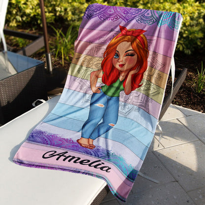 Cartoon Woman Traveling Beach Poolside Swimming Picnic - Birthday, Vacation Gift For Her, Family, Besties - Personalized Beach Towel