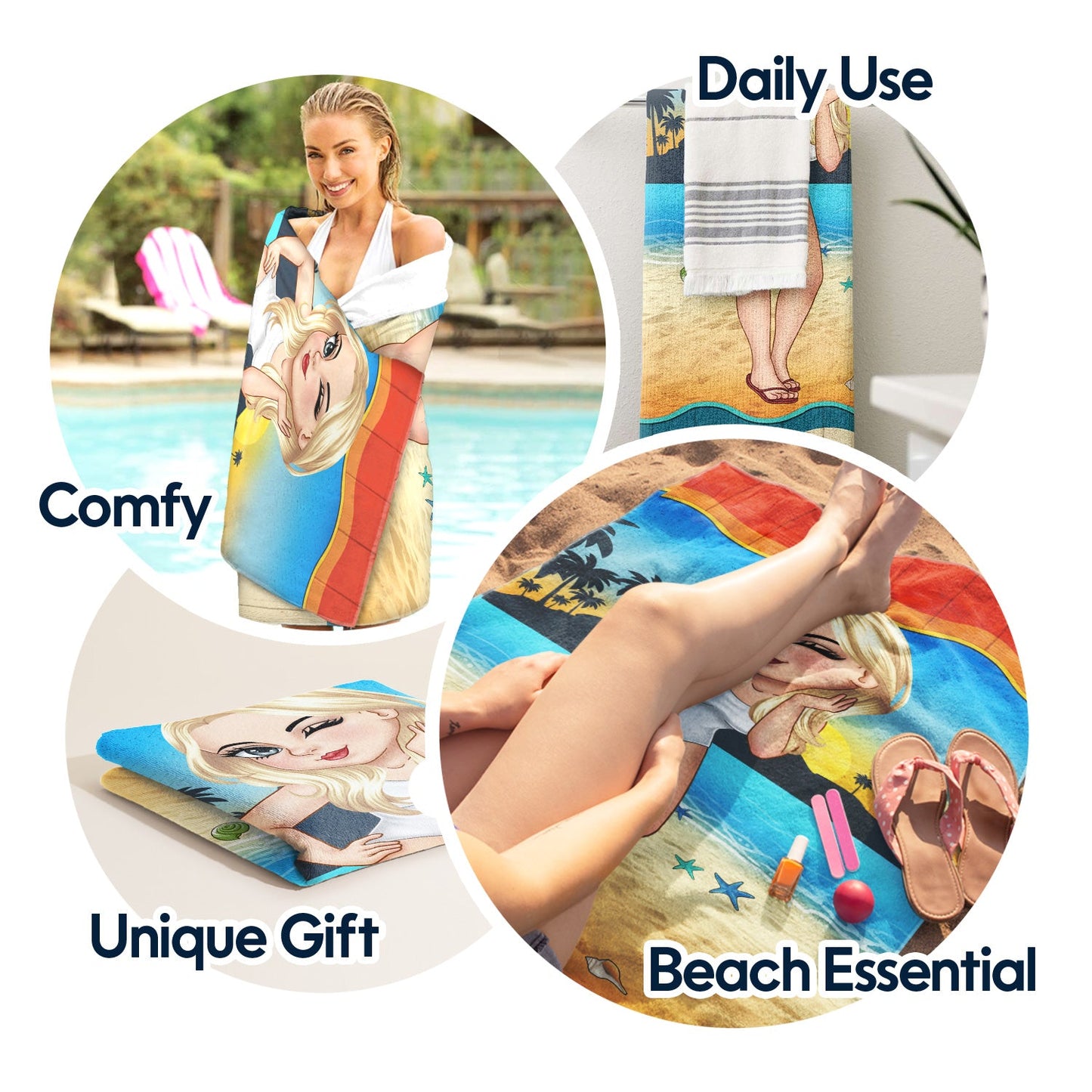 Cartoon Woman Traveling Beach Poolside Swimming Picnic - Birthday, Vacation Gift For Her, Family, Besties - Personalized Beach Towel