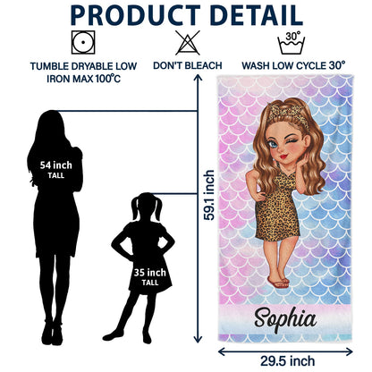 Cartoon Woman Traveling Beach Poolside Swimming Picnic - Birthday, Vacation Gift For Her, Family, Besties - Personalized Beach Towel