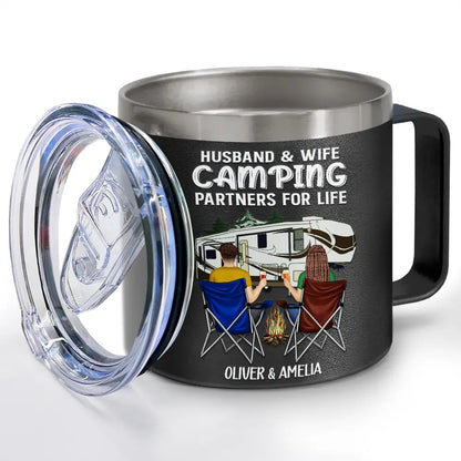 Let's Sit By The Campfire - Personalized 14oz Stainless Steel Tumbler With Handle