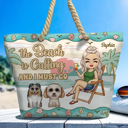 The Beach Is Calling And I Must Go Chibi Girl Dog Cat - Personalized Beach Bag