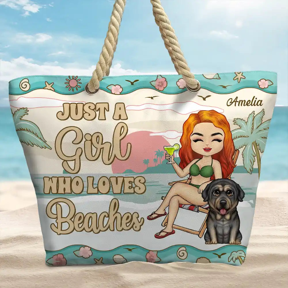 The Beach Is Calling And I Must Go Chibi Girl Dog Cat - Personalized Beach Bag