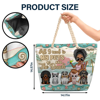 The Beach Is Calling And I Must Go Chibi Girl Dog Cat - Personalized Beach Bag