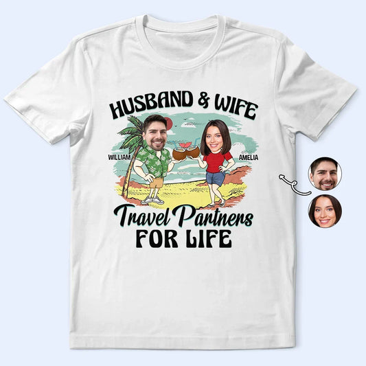 Custom Photo Husband And Wife Travel Partners For Life - Personalized T Shirt