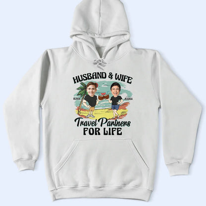 Custom Photo Husband And Wife Travel Partners For Life - Personalized T Shirt