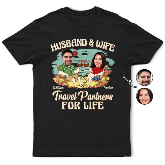 Custom Photo Husband And Wife Travel Partners For Life Vacation - Personalized T Shirt