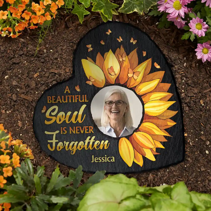 Custom Photo A Beautiful Soul Is Never Forgotten - Personalized Heart Memorial Garden Stone
