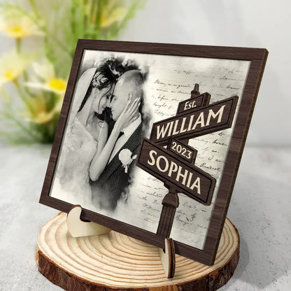 Custom Photo First Anniversary Gift For Couples Family - Personalized 2-Layered Wooden Plaque With Stand