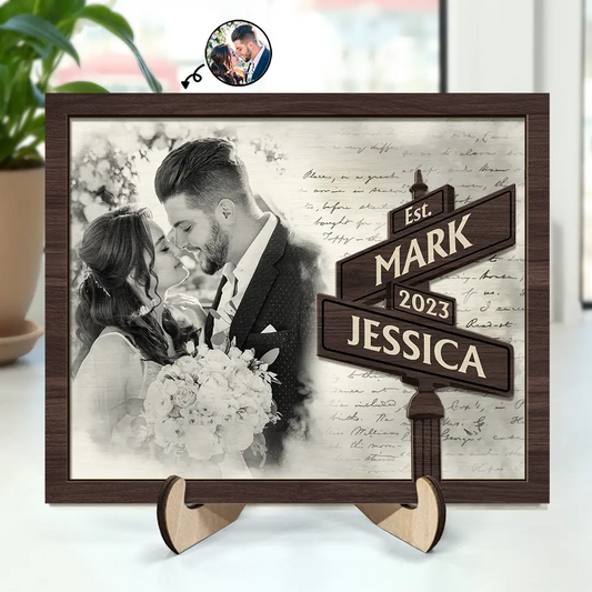 Custom Photo First Anniversary Gift For Couples Family - Personalized 2-Layered Wooden Plaque With Stand