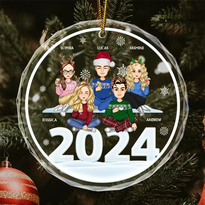 Christmas Cartoon Style 2024 Family Siblings - Personalized Circle Glass Ornament