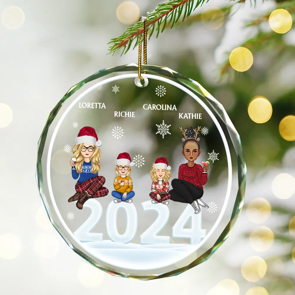 Christmas Cartoon Style 2024 Family Siblings - Personalized Circle Glass Ornament