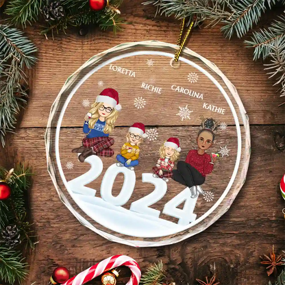 Christmas Cartoon Style 2024 Family Siblings - Personalized Circle Glass Ornament