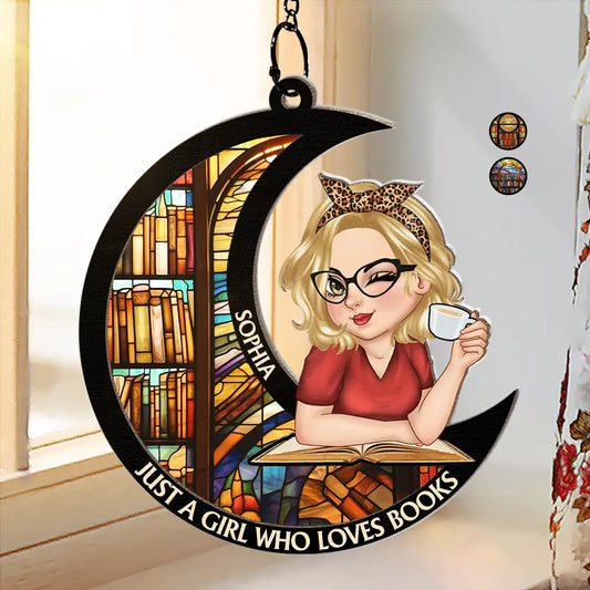 Just A Girl Who Loves Books Moon - Personalized Window Hanging Suncatcher Ornament