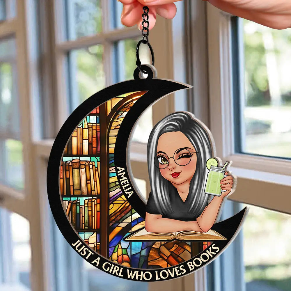 Just A Girl Who Loves Books Moon - Personalized Window Hanging Suncatcher Ornament