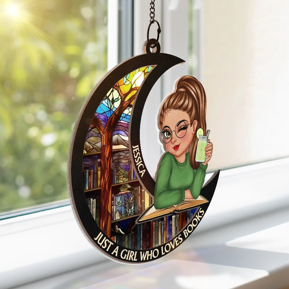 Just A Girl Who Loves Books Moon - Personalized Window Hanging Suncatcher Ornament