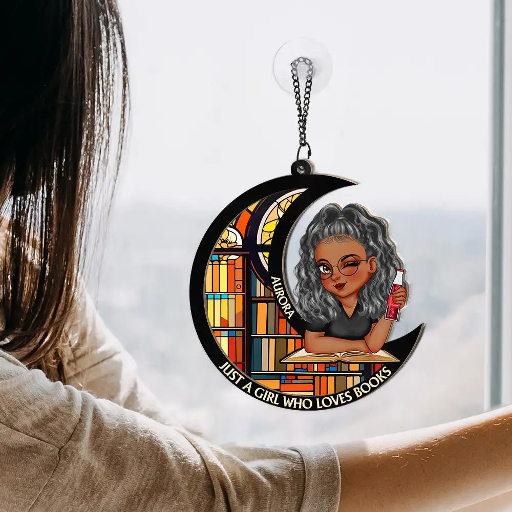 Just A Girl Who Loves Books Moon - Personalized Window Hanging Suncatcher Ornament