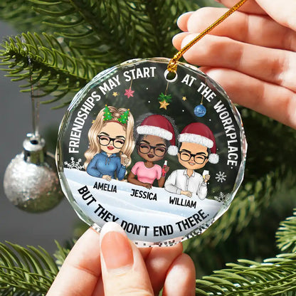 Friendships May Start At The Workplace Christmas Colleagues Chibi - Personalized Circle Glass Ornament