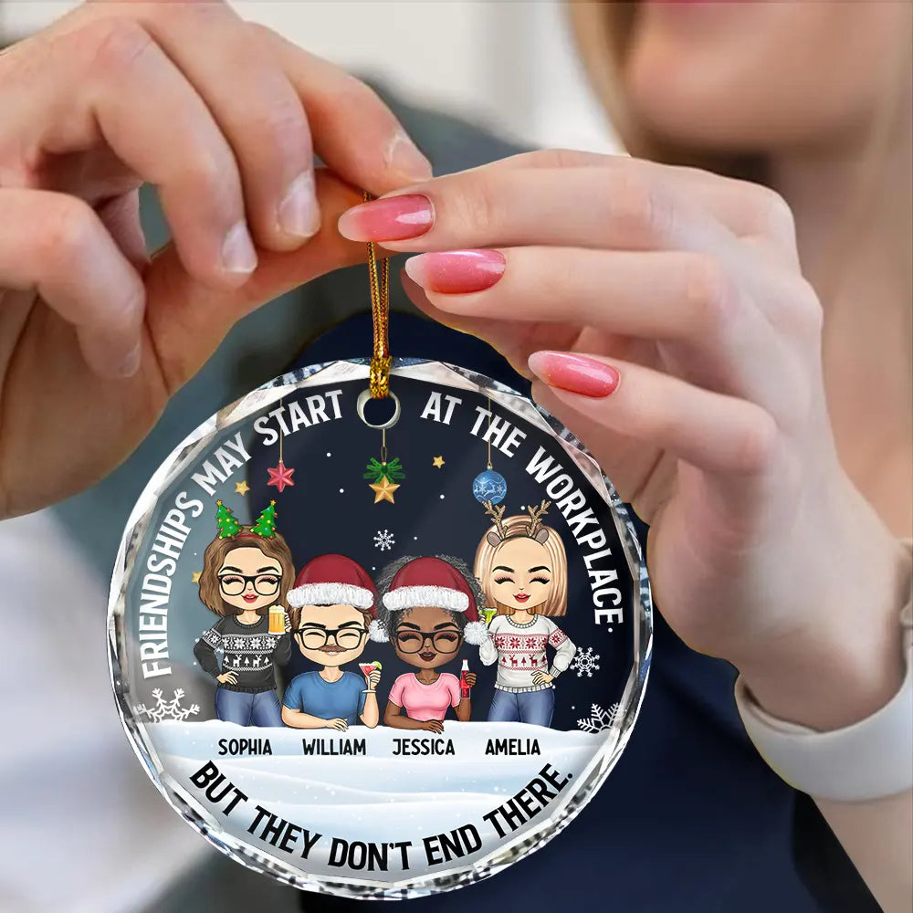 Friendships May Start At The Workplace Christmas Colleagues Chibi - Personalized Circle Glass Ornament