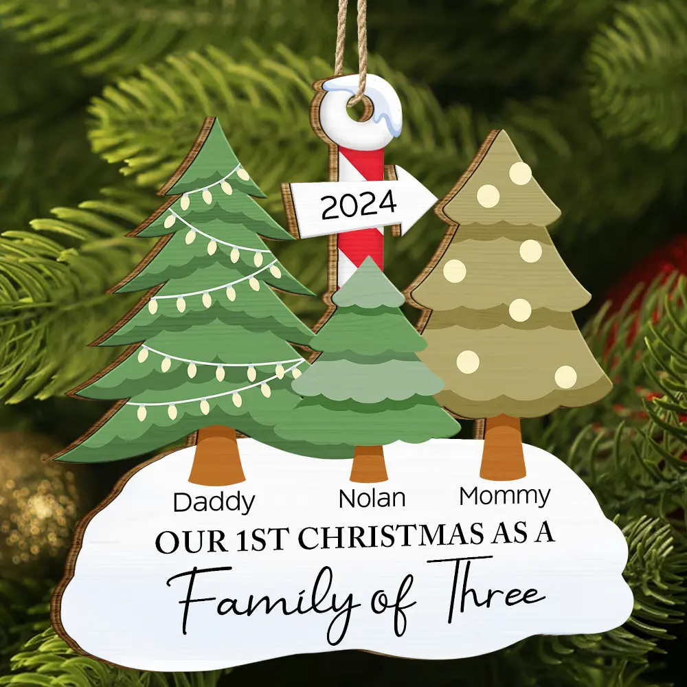 First Christmas As A Family Of Three - Personalized Wooden Cutout Ornament