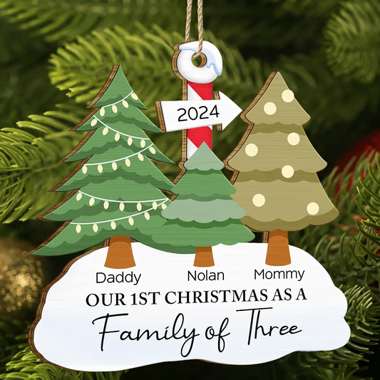 First Christmas As A Family Of Three - Personalized Wooden Cutout Ornament