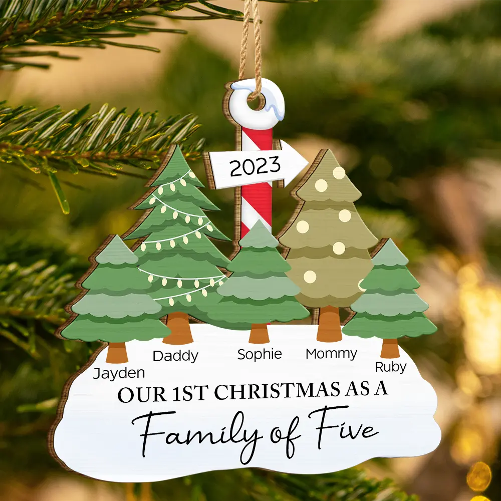 First Christmas As A Family Of Three - Personalized Wooden Cutout Ornament