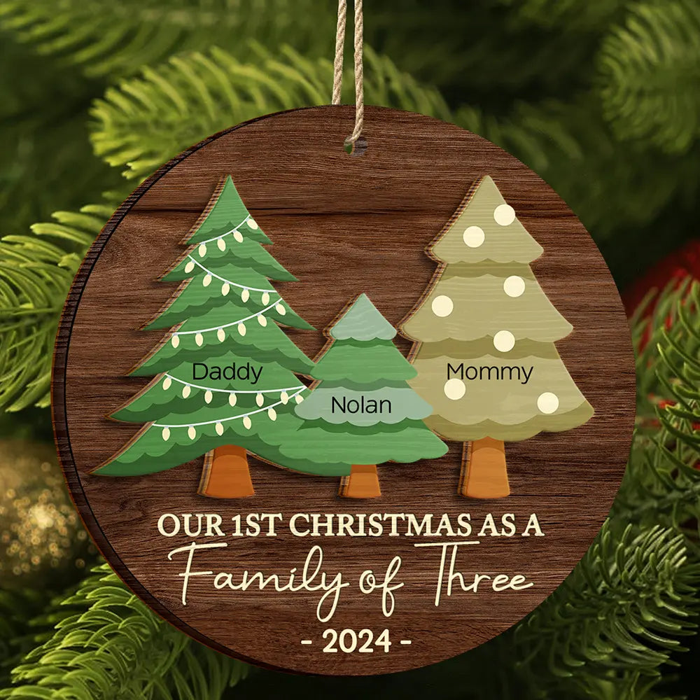 First Christmas As A Family Of Three - Personalized 2-Layered Wooden Ornament