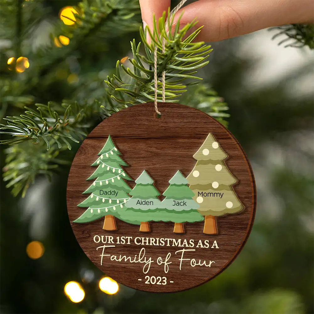 First Christmas As A Family Of Three - Personalized 2-Layered Wooden Ornament