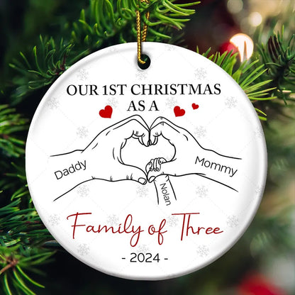 First Christmas As A Family Of Three Hand Heart - Personalized Circle Acrylic Ornament