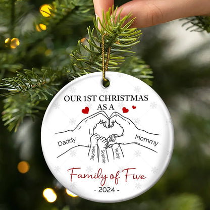 First Christmas As A Family Of Three Hand Heart - Personalized Circle Acrylic Ornament