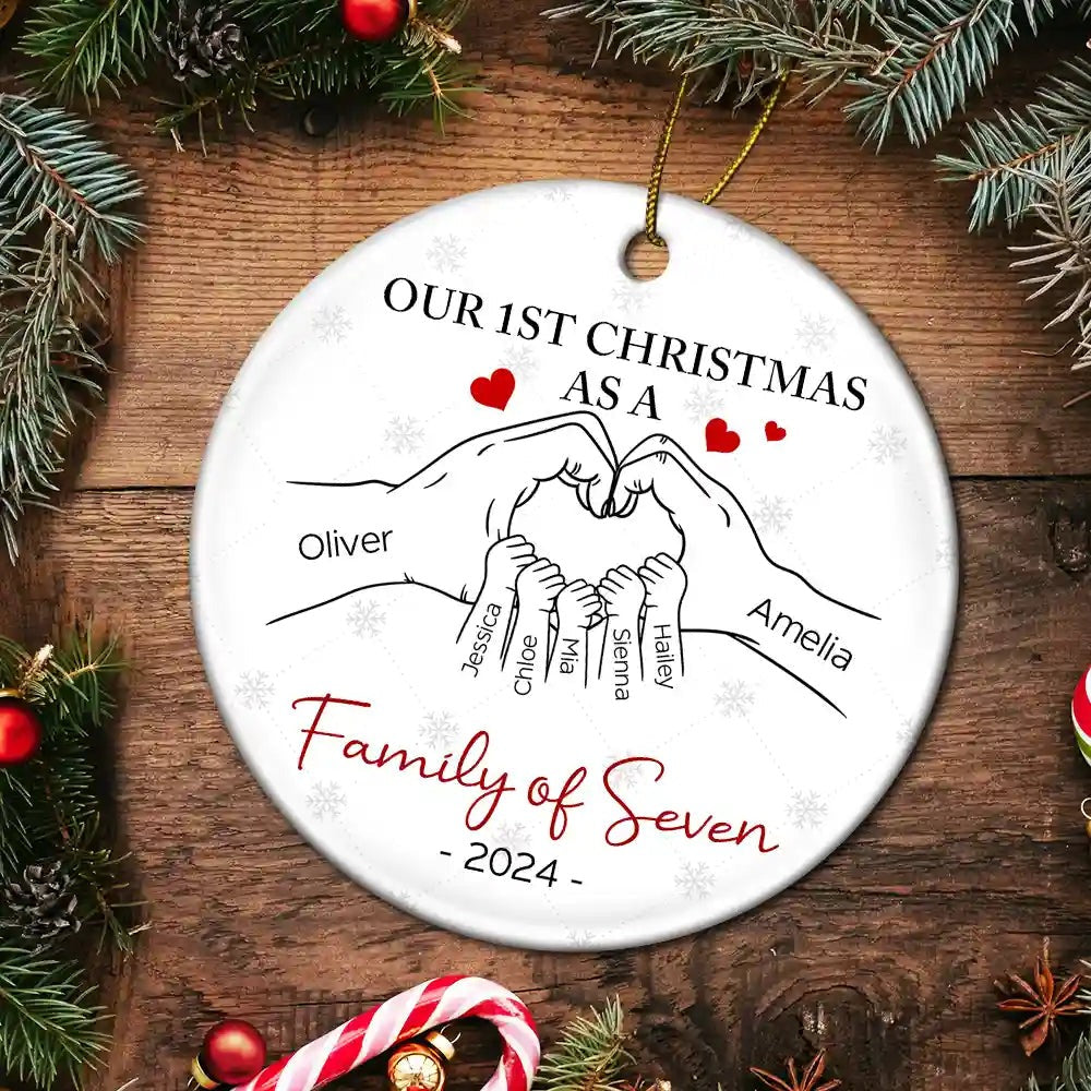 First Christmas As A Family Of Three Hand Heart - Personalized Circle Acrylic Ornament