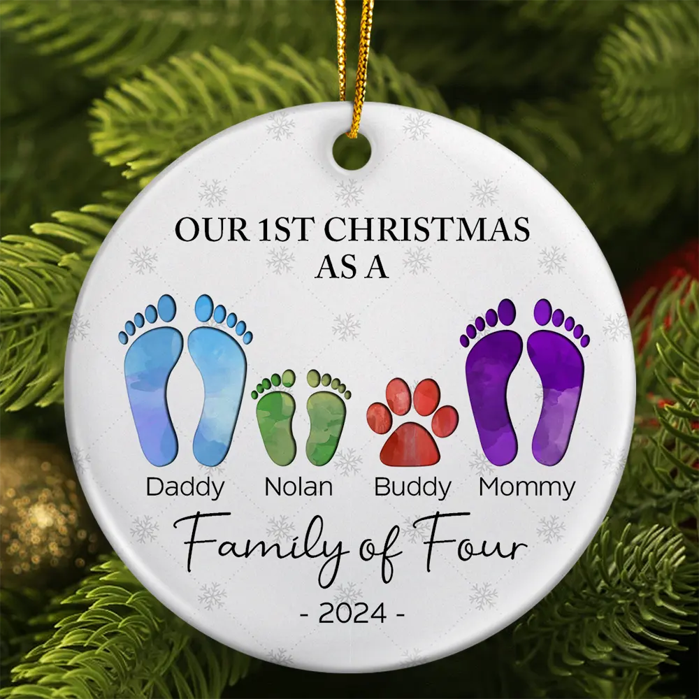 First Christmas As A Family Of Four Footprints - Personalized Circle Acrylic Ornament