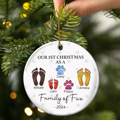 First Christmas As A Family Of Four Footprints - Personalized Circle Acrylic Ornament