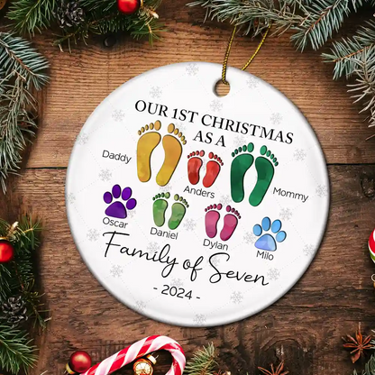 First Christmas As A Family Of Four Footprints - Personalized Circle Acrylic Ornament