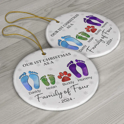 First Christmas As A Family Of Four Footprints - Personalized Circle Acrylic Ornament