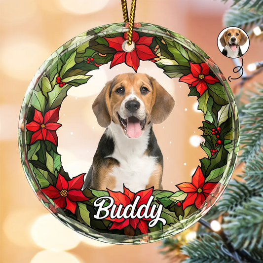 Custom Photo Pet Face Christmas Wreath Dog Cat Pet Memorial - Personalized Circle Acrylic Ornament