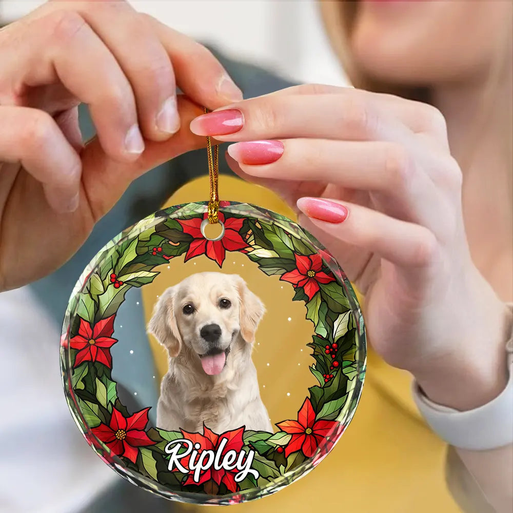 Custom Photo Pet Face Christmas Wreath Dog Cat Pet Memorial - Personalized Circle Acrylic Ornament