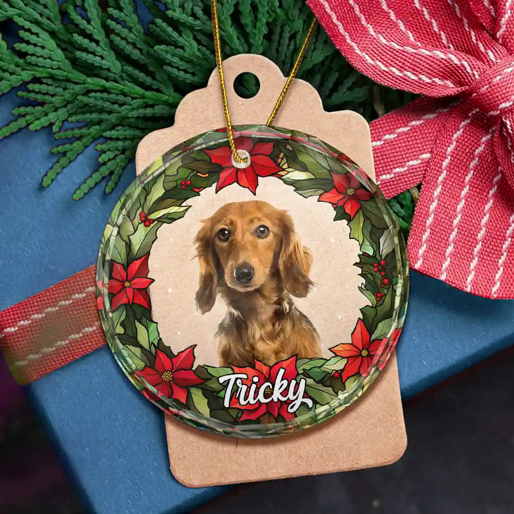 Custom Photo Pet Face Christmas Wreath Dog Cat Pet Memorial - Personalized Circle Acrylic Ornament