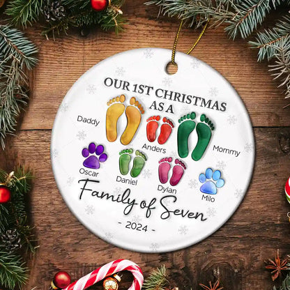 First Christmas As A Family Of Four Footprints - 3D Inflated Effect Printed Ornament, Personalized Circle Ornament