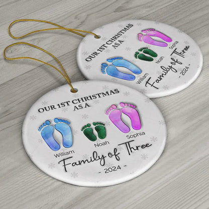 First Christmas As A Family Of Four Footprints - 3D Inflated Effect Printed Ornament, Personalized Circle Ornament