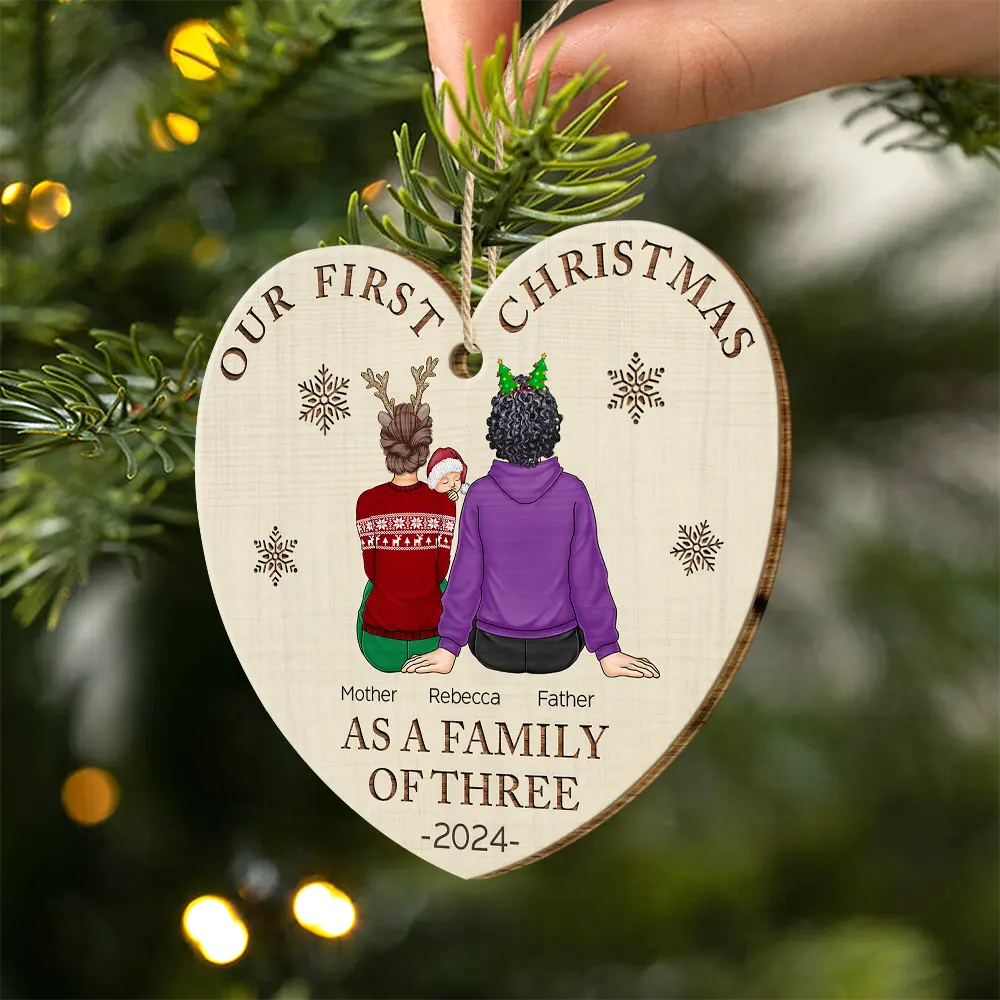 First Christmas As A Family Of Three New Parents - Personalized Custom Shaped Wooden Ornament