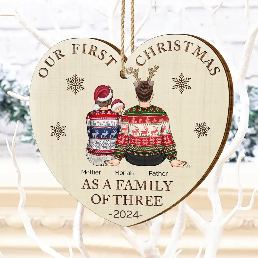 First Christmas As A Family Of Three New Parents - Personalized Custom Shaped Wooden Ornament